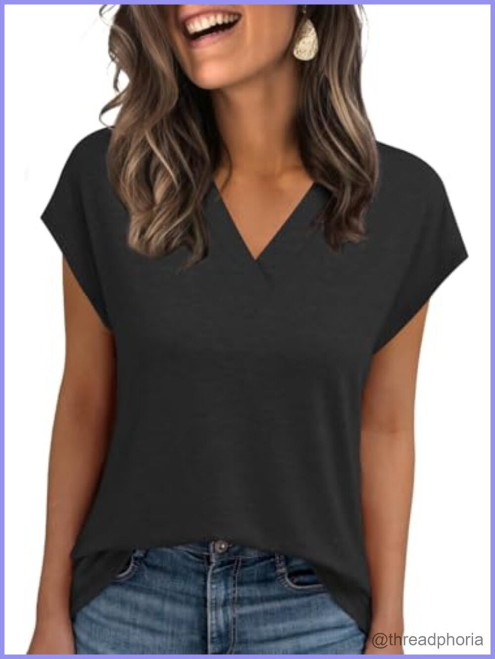 Womens V Neck Cap Sleeve Summer Top Polyester Rayon Spandex Casual